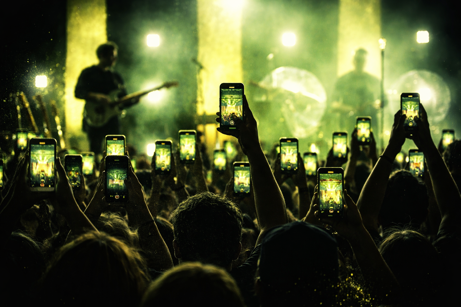 A crowd at a concert, everyone watching through their phones
